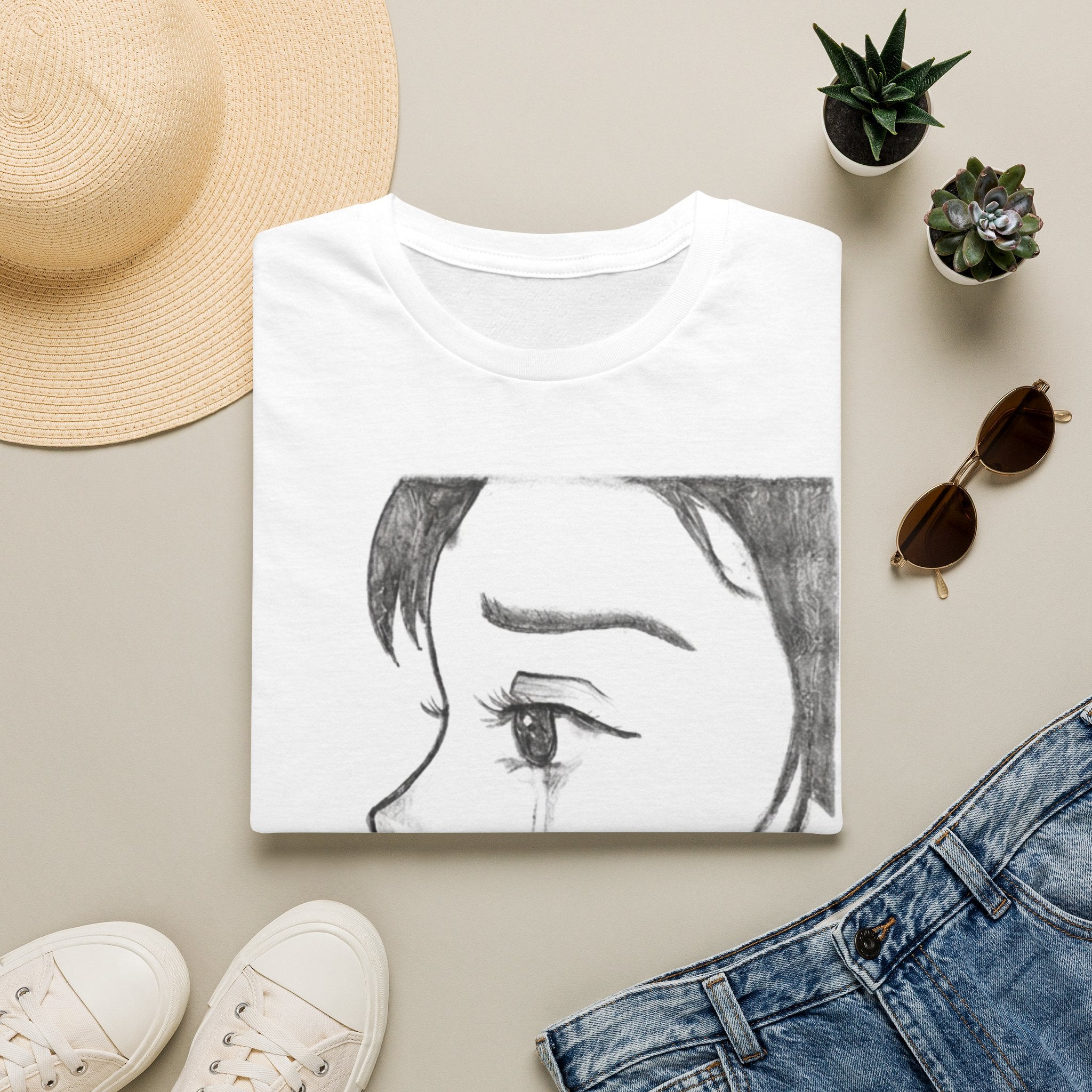 T-Shirt — Monochrome Anime Girl Crying Illustration Tee