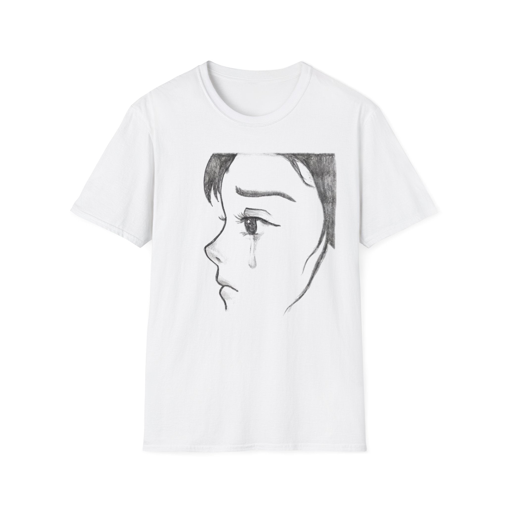 T-Shirt — Monochrome Anime Girl Crying Illustration Tee